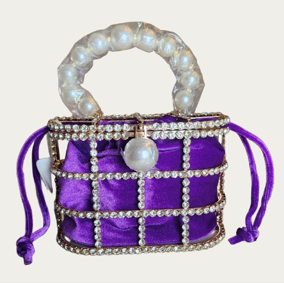 Glamorous Purple Velour Rhinestone Caged Mini Bag with Faux Pearl Handle - Picture 1 of 13